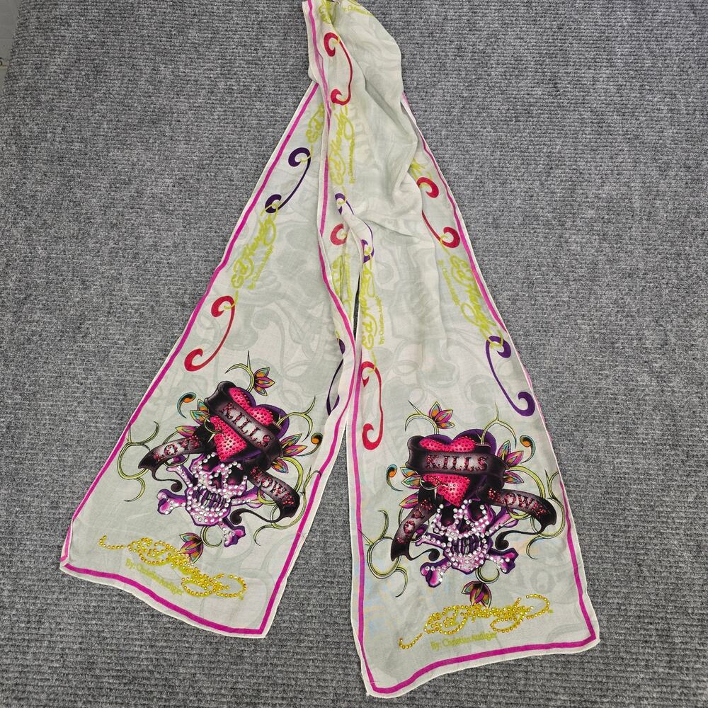 Ed Hardy Christian Audigier Scarf Rhinestone Skull Love Kills Slowly Y2K 80x12